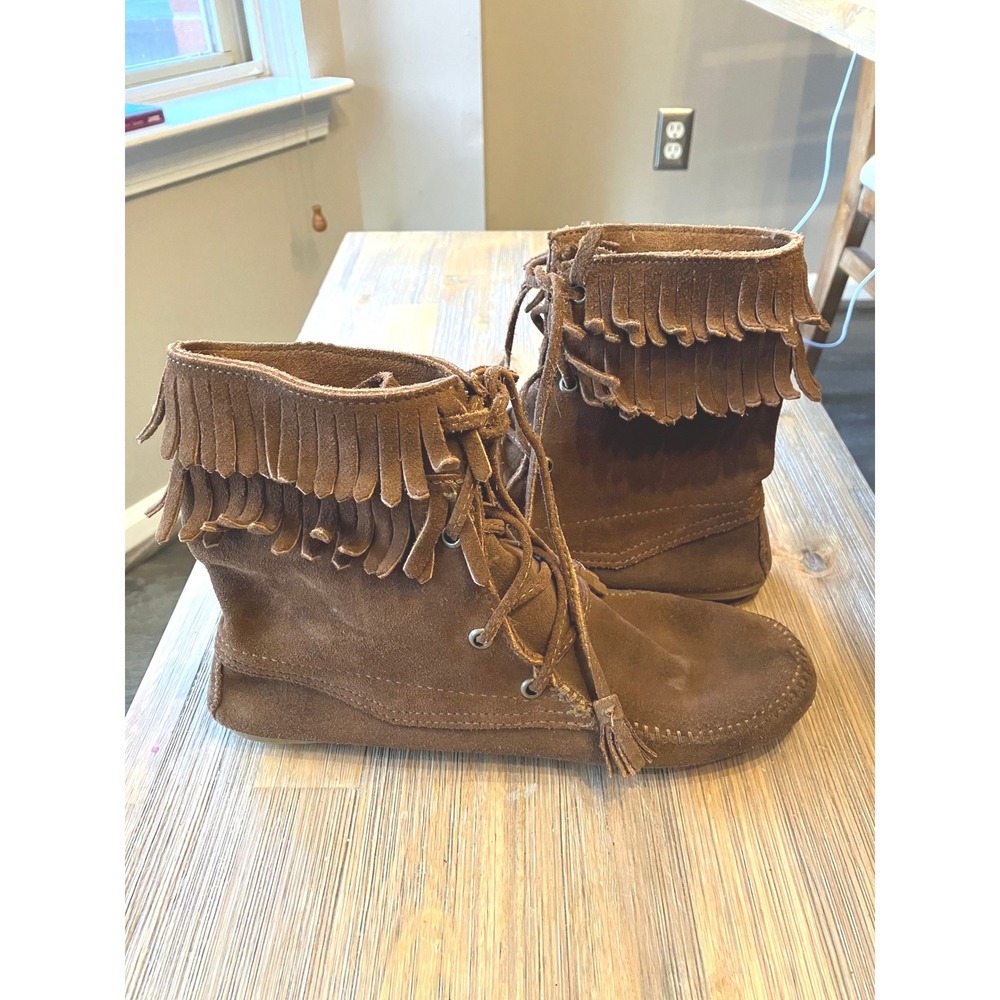 Minnetonka Tramper Double‎ Fringe Brown Suede Lace Up Boot Boho Festival Size 8 - Picture 4 of 8